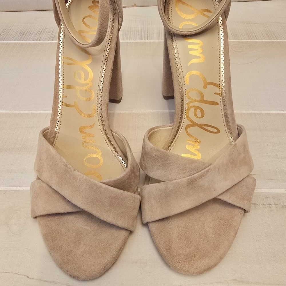 {10} Sam Edelman Yancy Block Heel Ankle Strap Sandal in Golden Caramel Suede - Picture 6 of 14